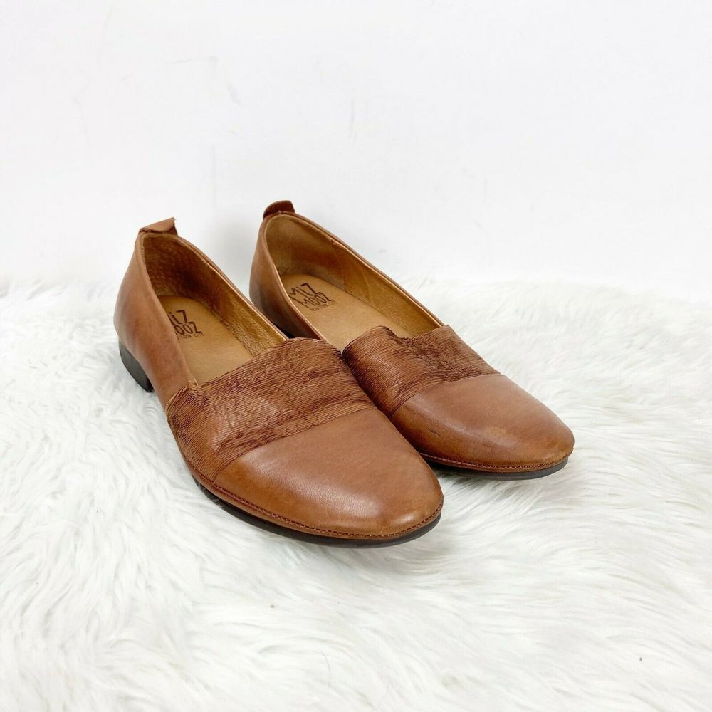 Miz Mooz Tan Leather Ruffle Maria Slip-on Flats